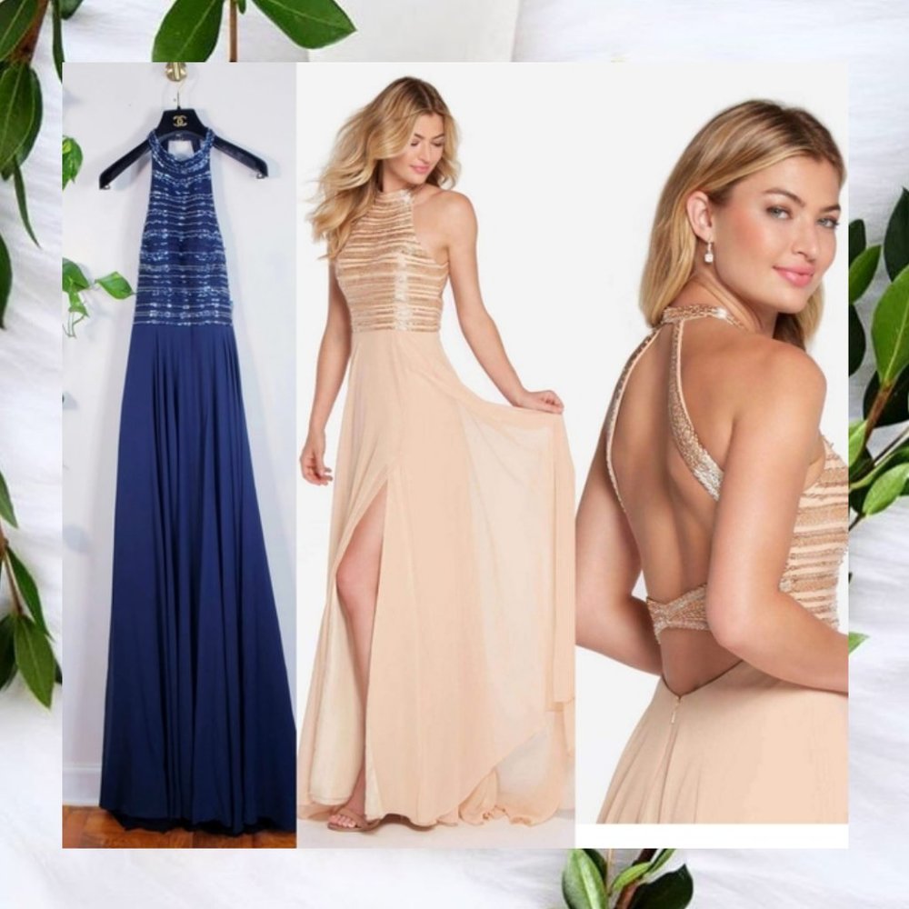 Alyce Paris Navy and Blush Beaded Halter Evening Dresses